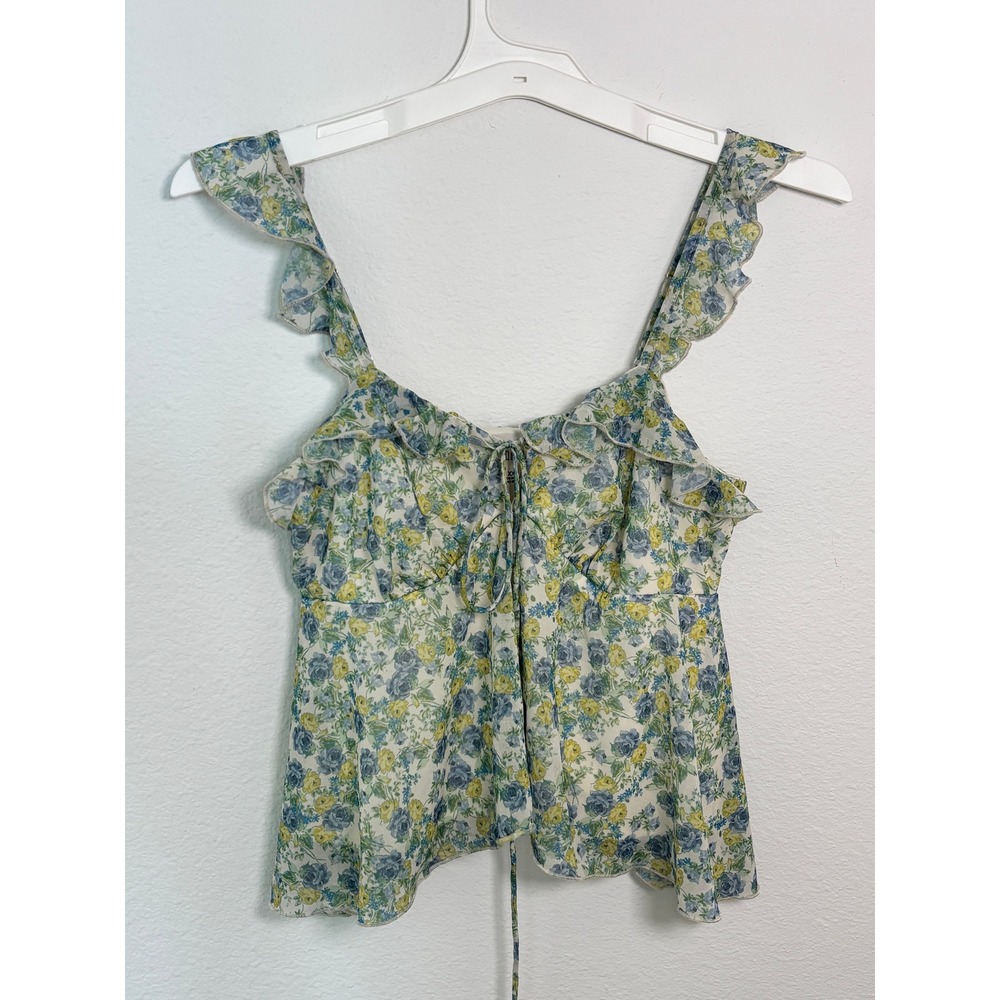 Wild Fable Blue Yellow Floral Ruffle Tie Front Cami Top XXS Cottagecore